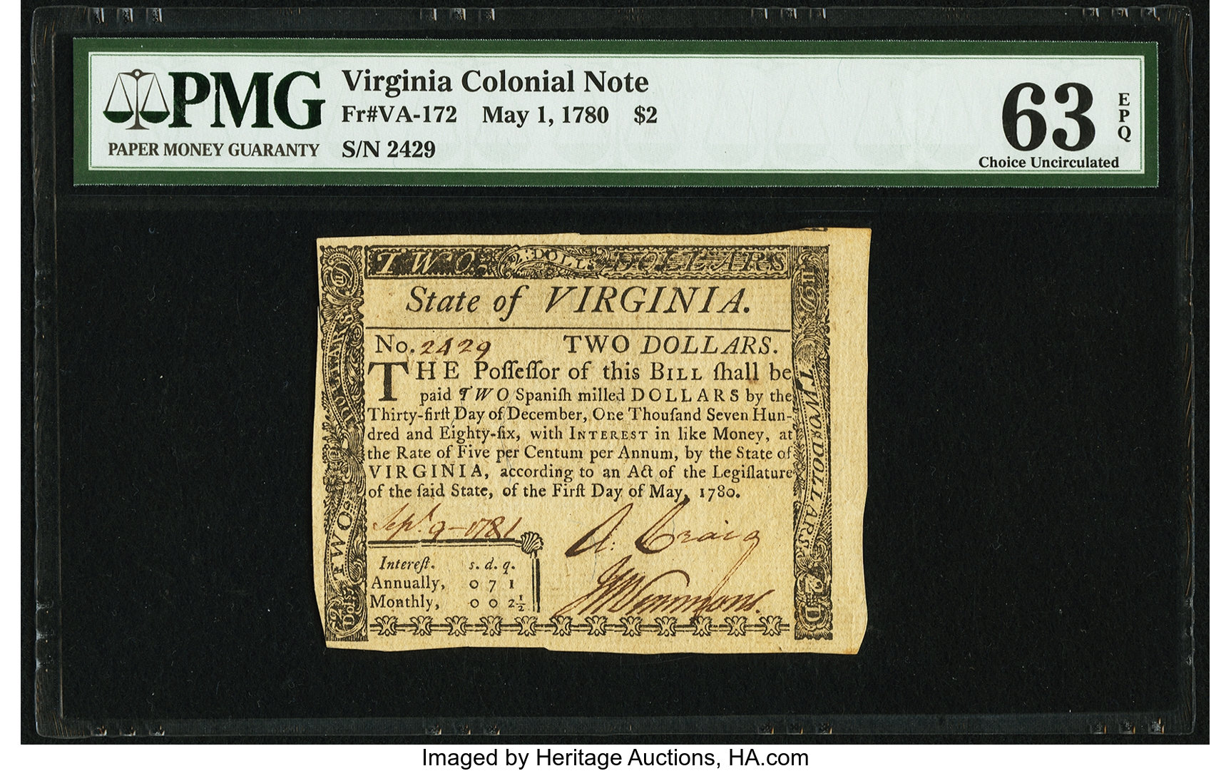 image for: Virginia May 1, 1780 $2 PMG Choice Uncirculated 63 EPQ....