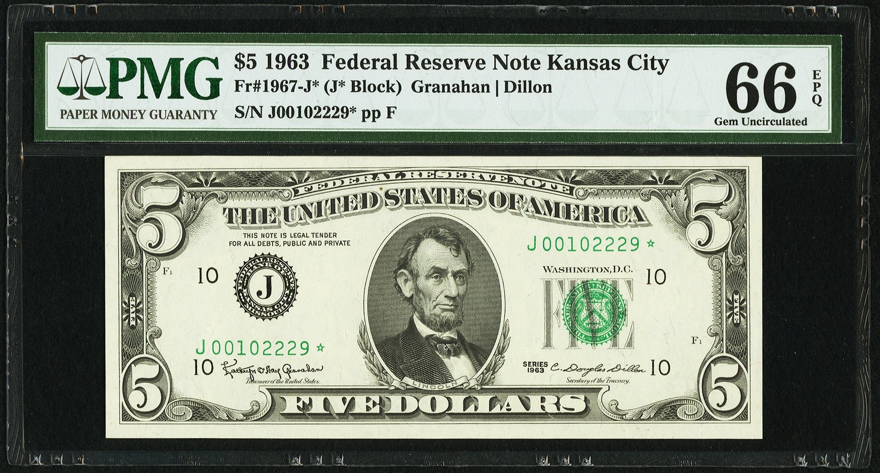 image for: Fr. 1967-J* $5 1963 Federal Reserve Note. PMG Gem Uncirculated 66 EPQ....