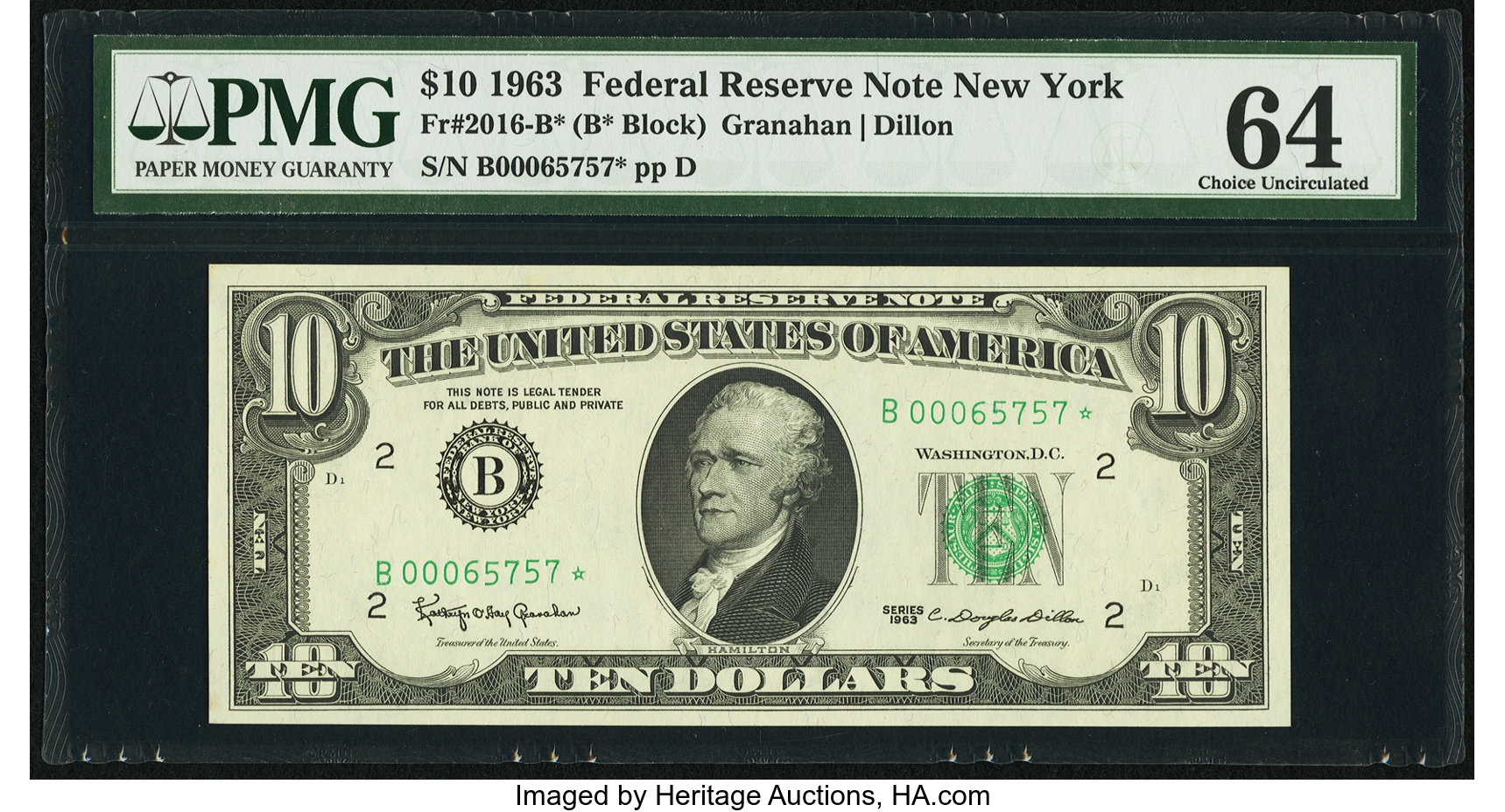 image for: Fr. 2016-B* $10 1963 Federal Reserve Note. PMG Choice Uncirculated 64....