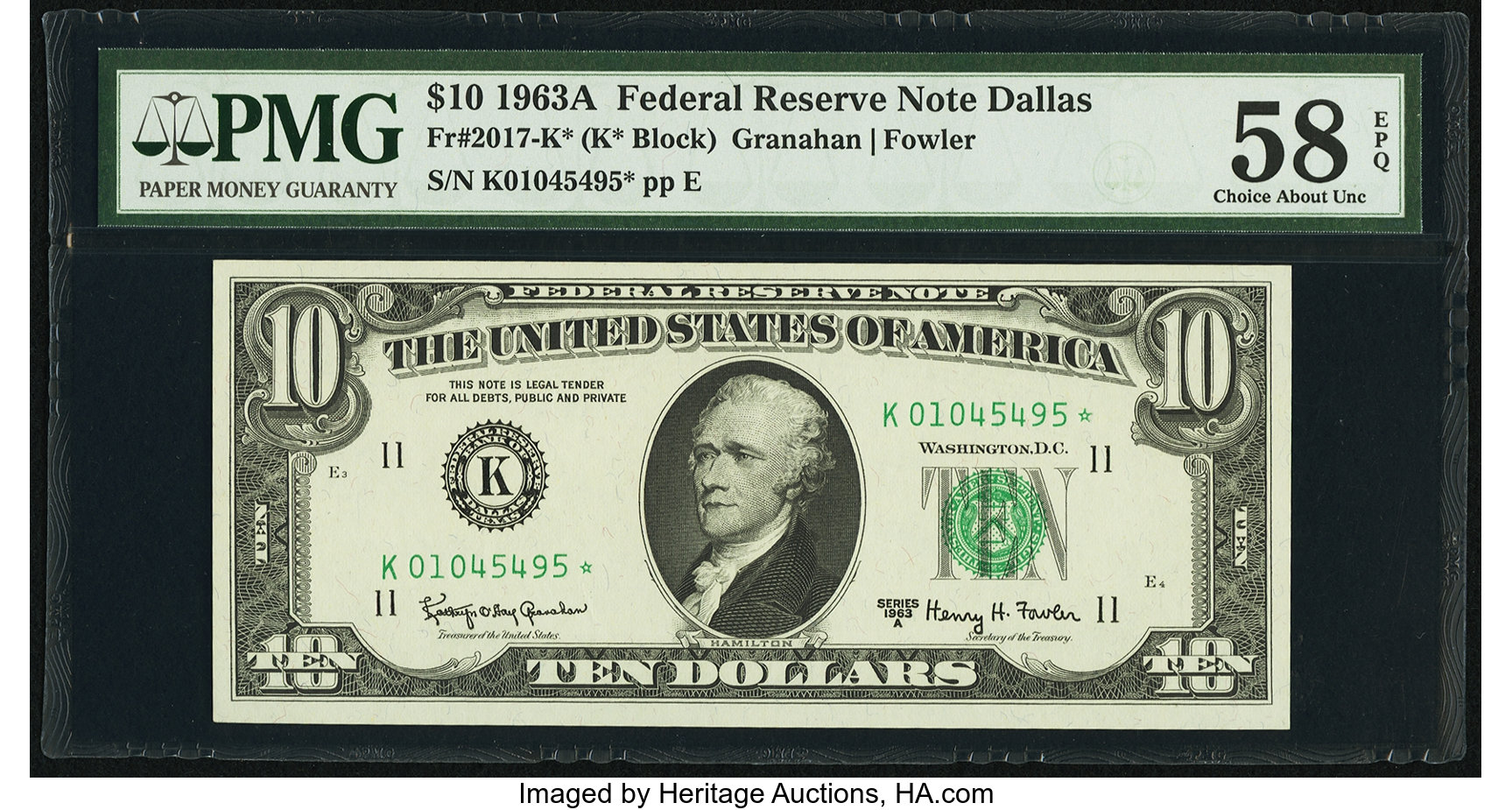 image for: Fr. 2017-K* $10 1963A Federal Reserve Note. PMG Choice About Unc 58 EPQ....