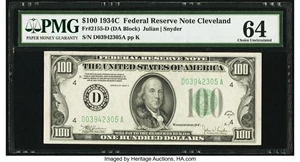 image for: Fr. 2155-D $100 1934C Federal Reserve Note. PMG Choice Uncirculated 64....