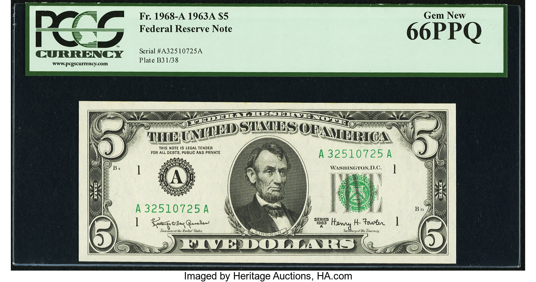 image for: Fr. 1968-A $5 1963A Federal Reserve Note. PCGS Gem New 66PPQ....