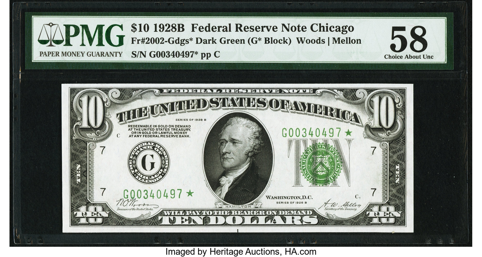 image for: Fr. 2002-G* $10 1928B Dark Green Seal Federal Reserve Note. PMG Choice About Unc 58....