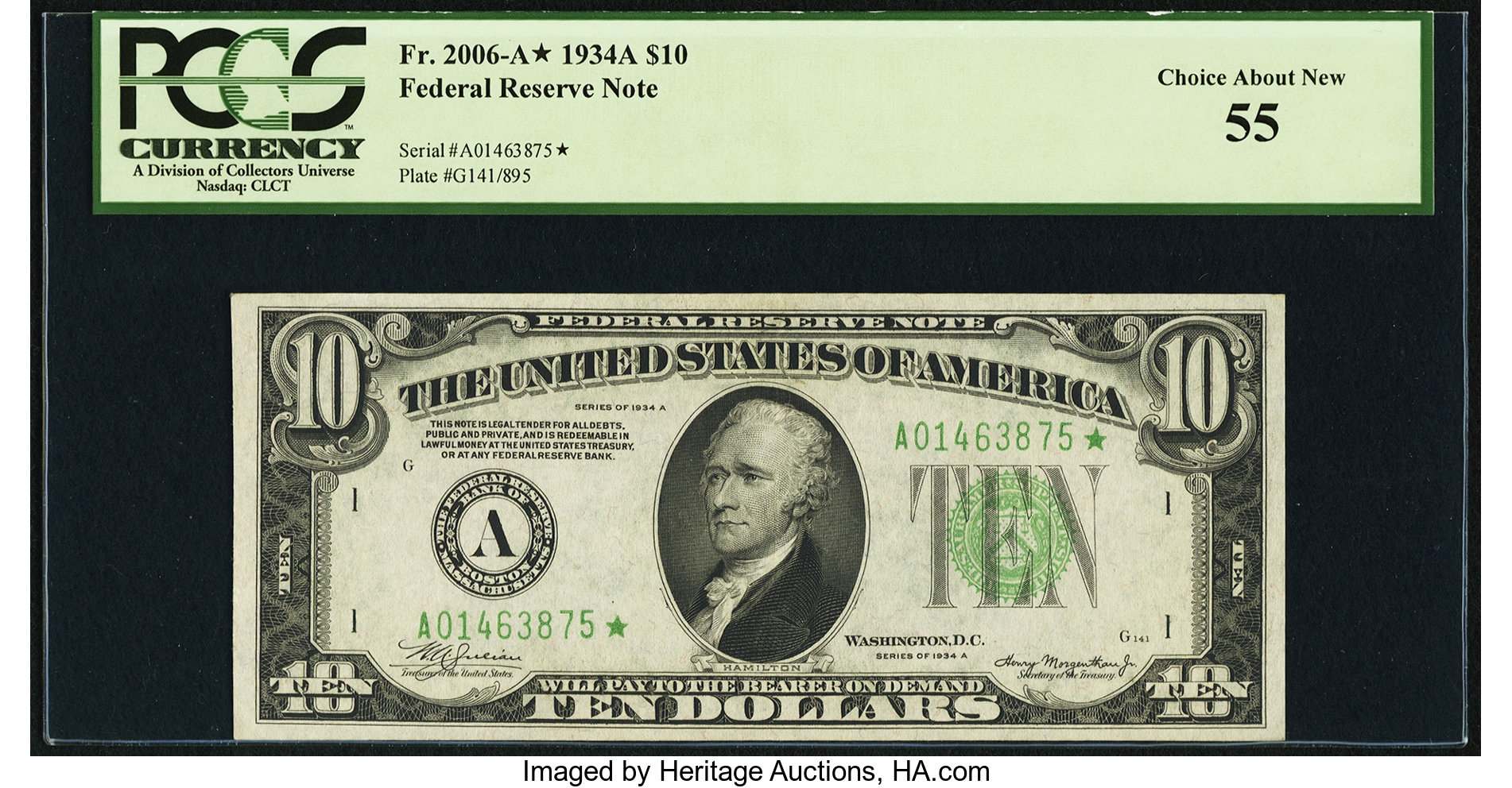 image for: Fr. 2006-A* $10 1934A Federal Reserve Note. PCGS Choice About New 55....
