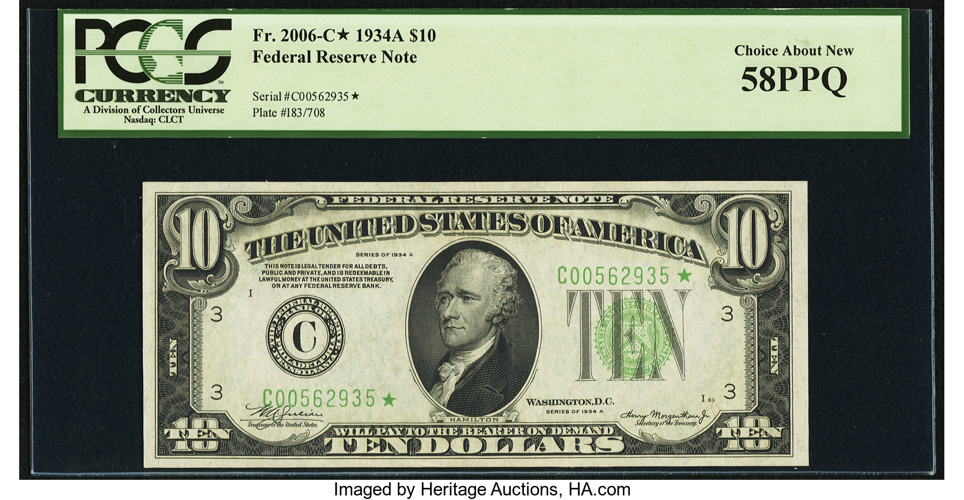 image for: Fr. 2006-C* $10 1934A Federal Reserve Note. PCGS Choice About New 58PPQ....