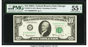 image for: Low Serial Number 678 Fr. 2017-G $10 1963A Federal Reserve Note. PMG About Uncirculated 55 EPQ....