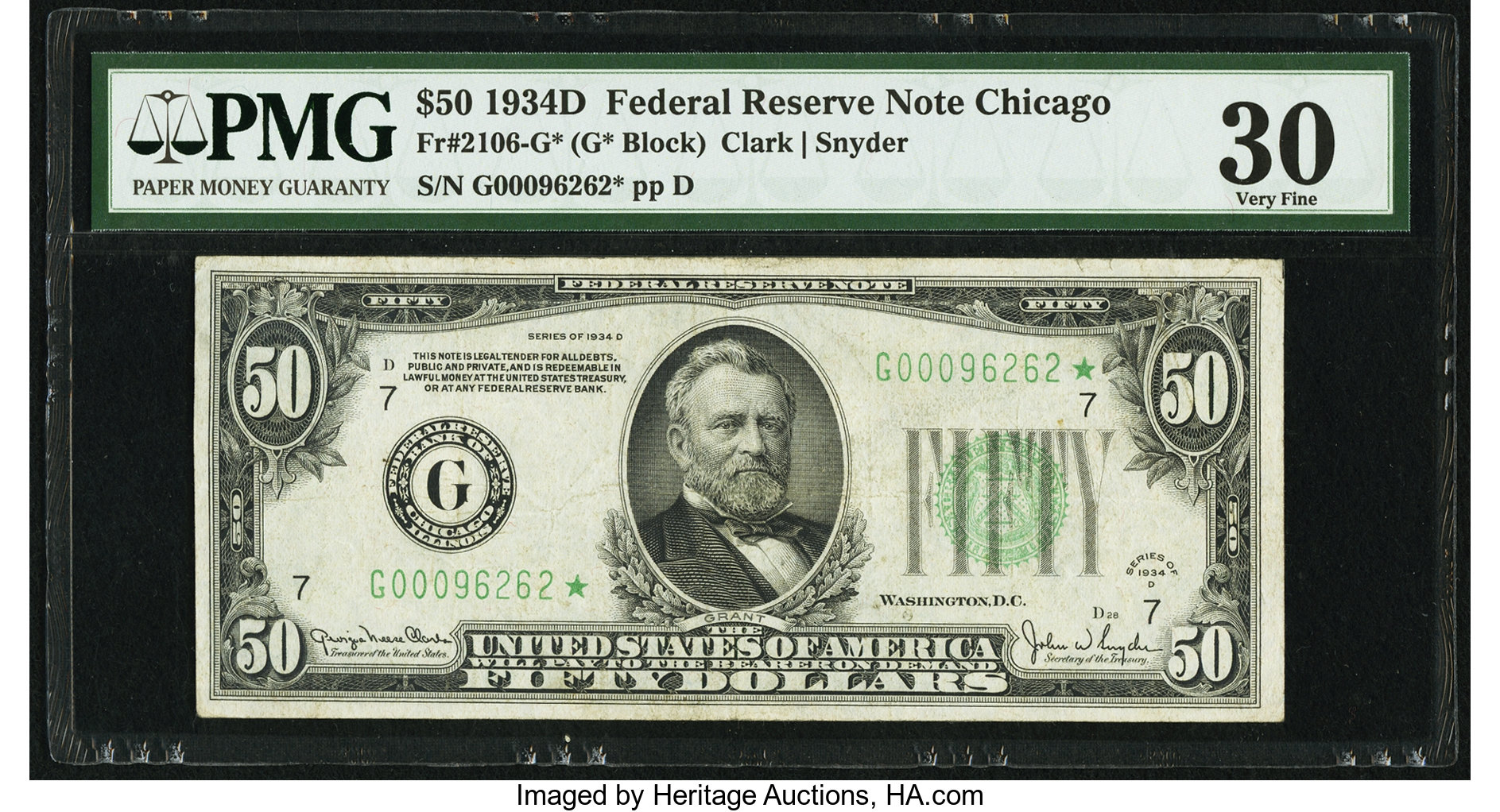 image for: Fr. 2106-G* $50 1934D Federal Reserve Note. PMG Very Fine 30....