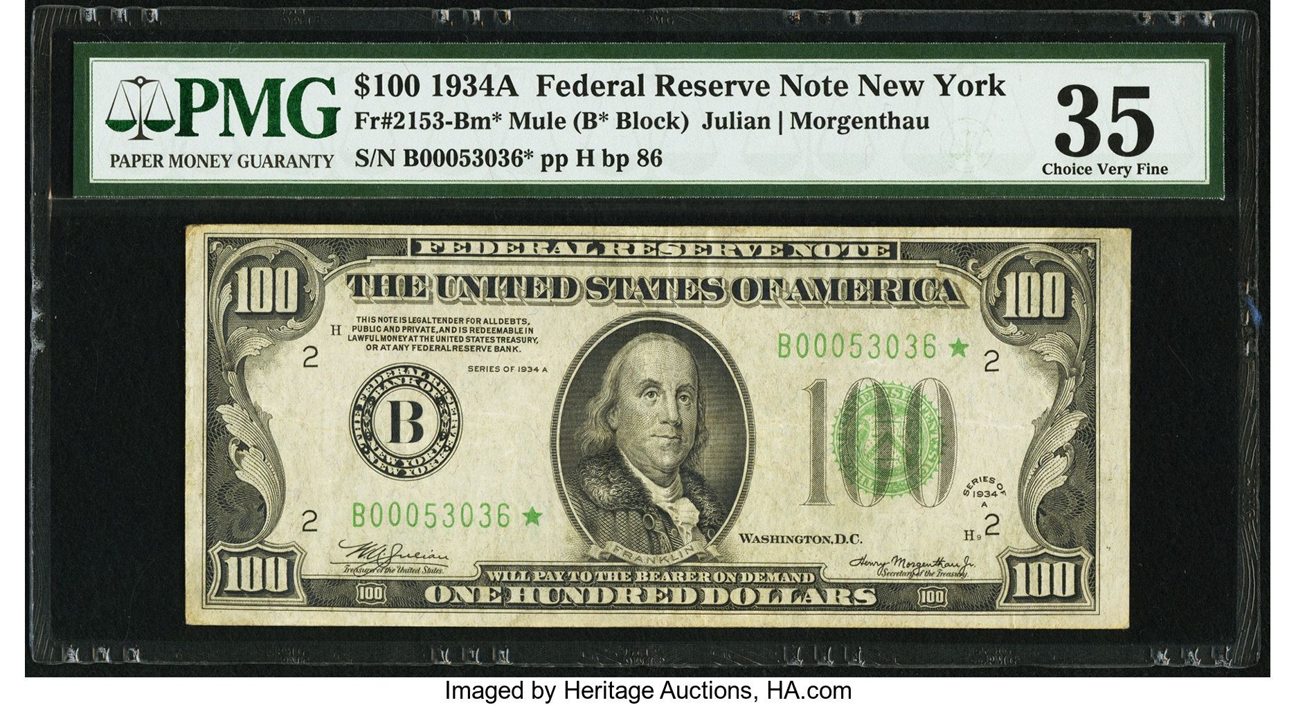 image for: Fr. 2153-B* $100 1934A Mule Federal Reserve Note. PMG Choice Very Fine 35....