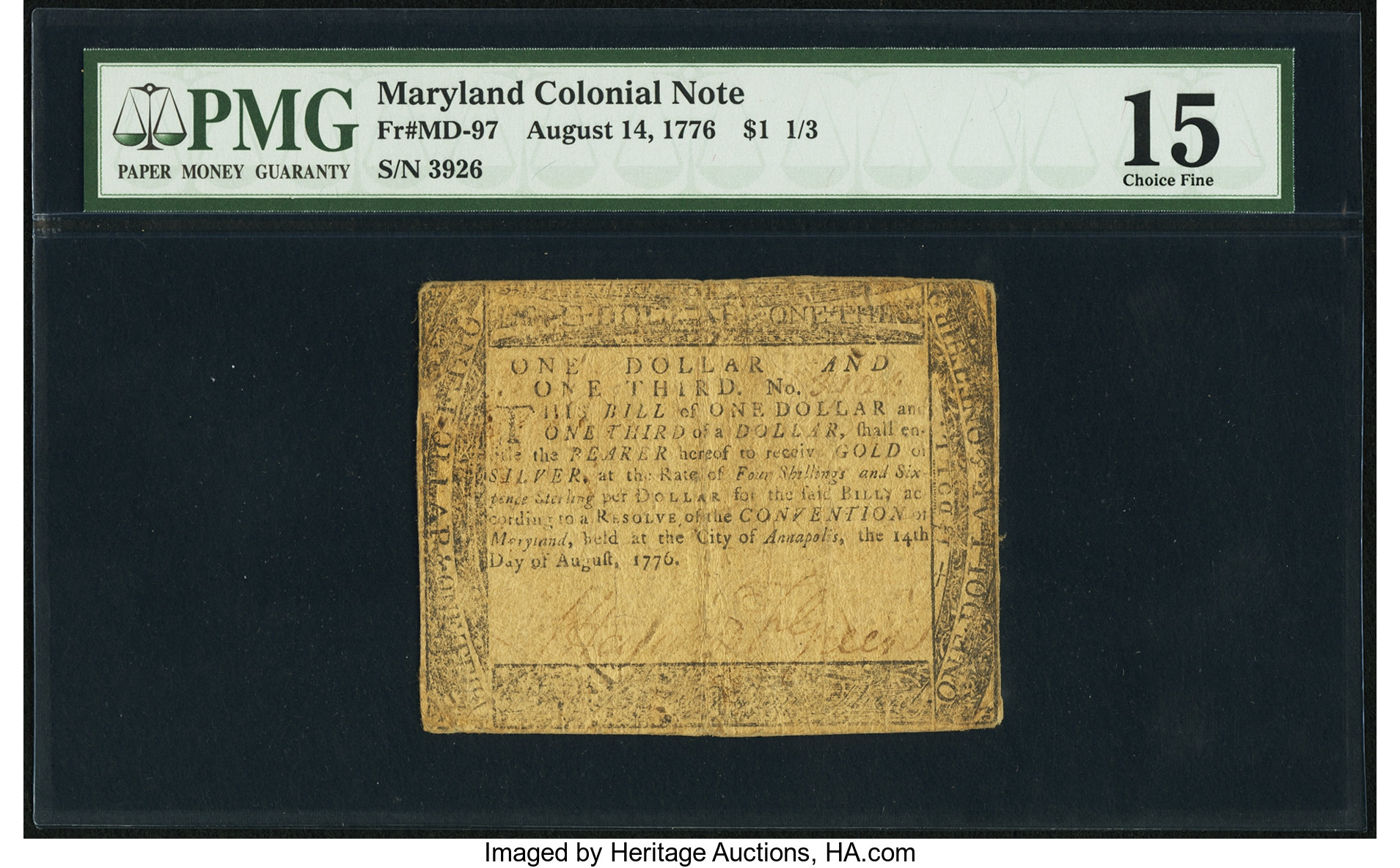 image for: Maryland August 14, 1776 $1 1/3 PMG Choice Fine 15....