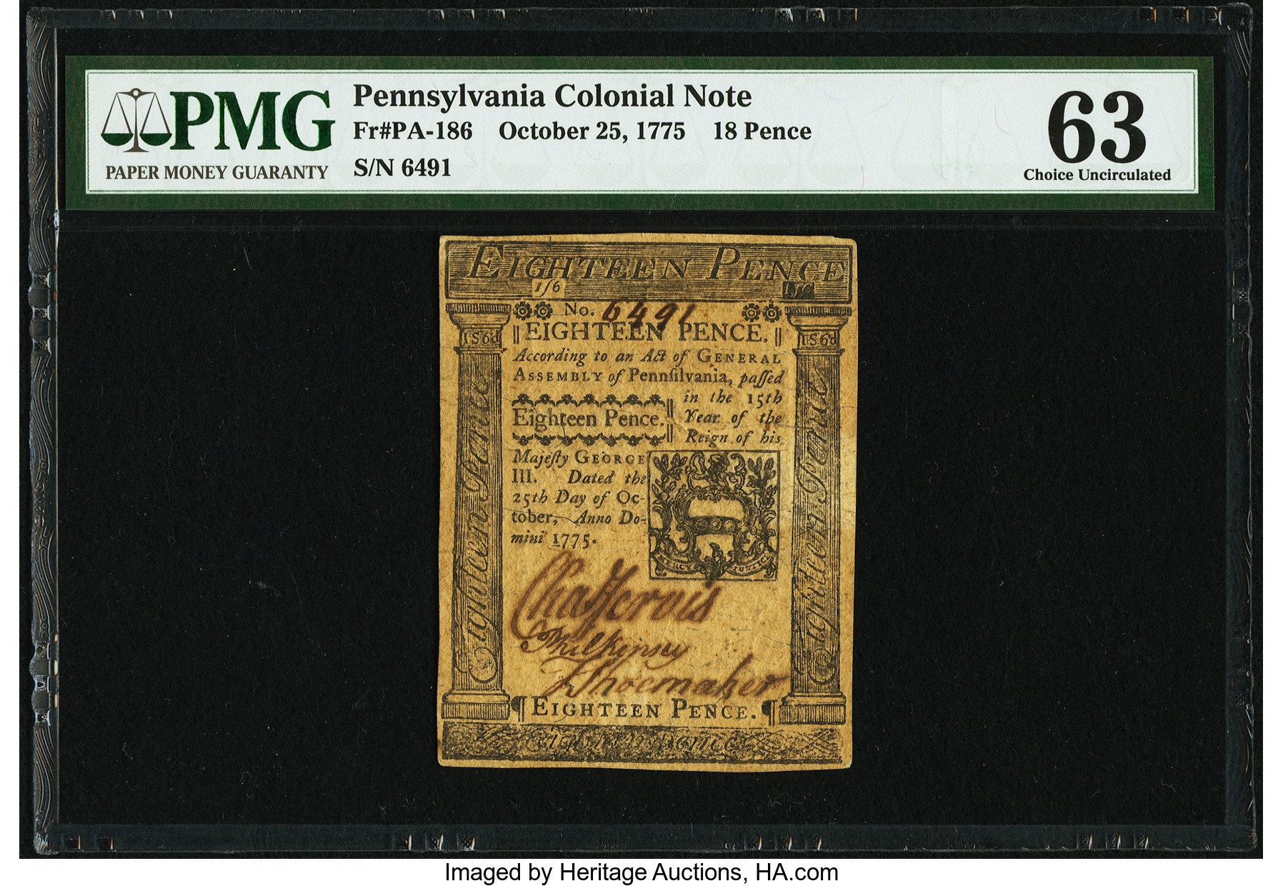 image for: Pennsylvania October 25, 1775 18d PMG Choice Uncirculated 63....