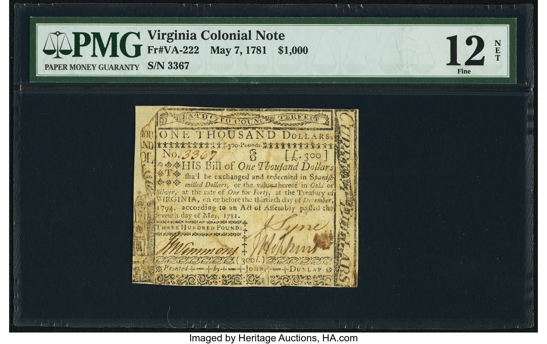 image for: Virginia May 7, 1781 $1,000 PMG Fine 12 Net....