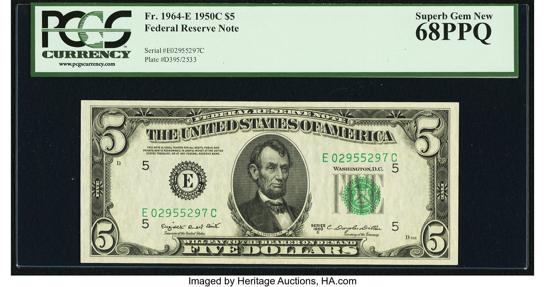 image for: Fr. 1964-E $5 1950C Federal Reserve Note. PCGS Superb Gem New 68PPQ....