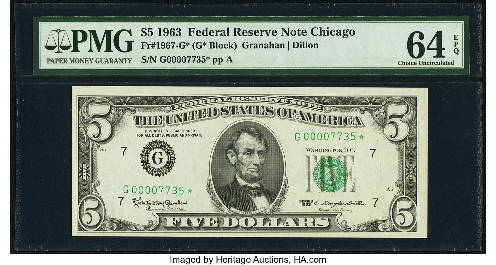 image for: Low Serial Number 7735 Fr. 1967-G* $5 1963 Federal Reserve Note. PMG Choice Uncirculated 64 EPQ....