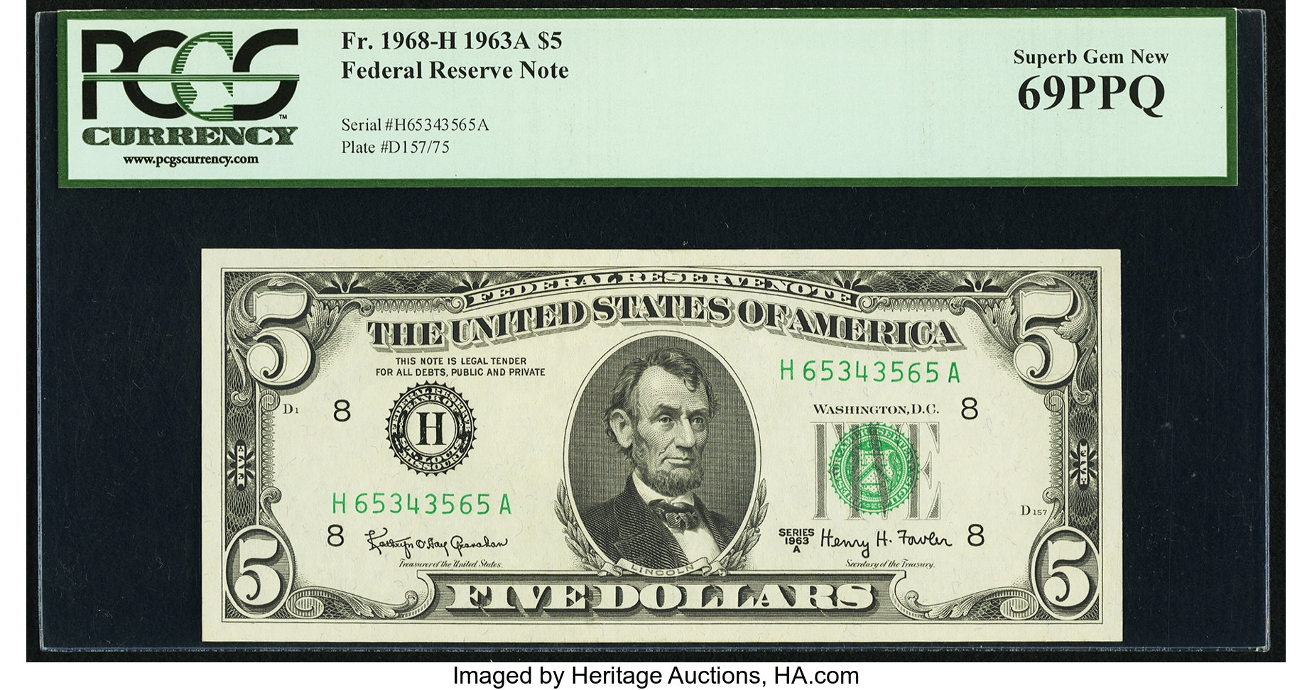image for: Fr. 1968-H $5 1963A Federal Reserve Note. PCGS Superb Gem New 69PPQ....
