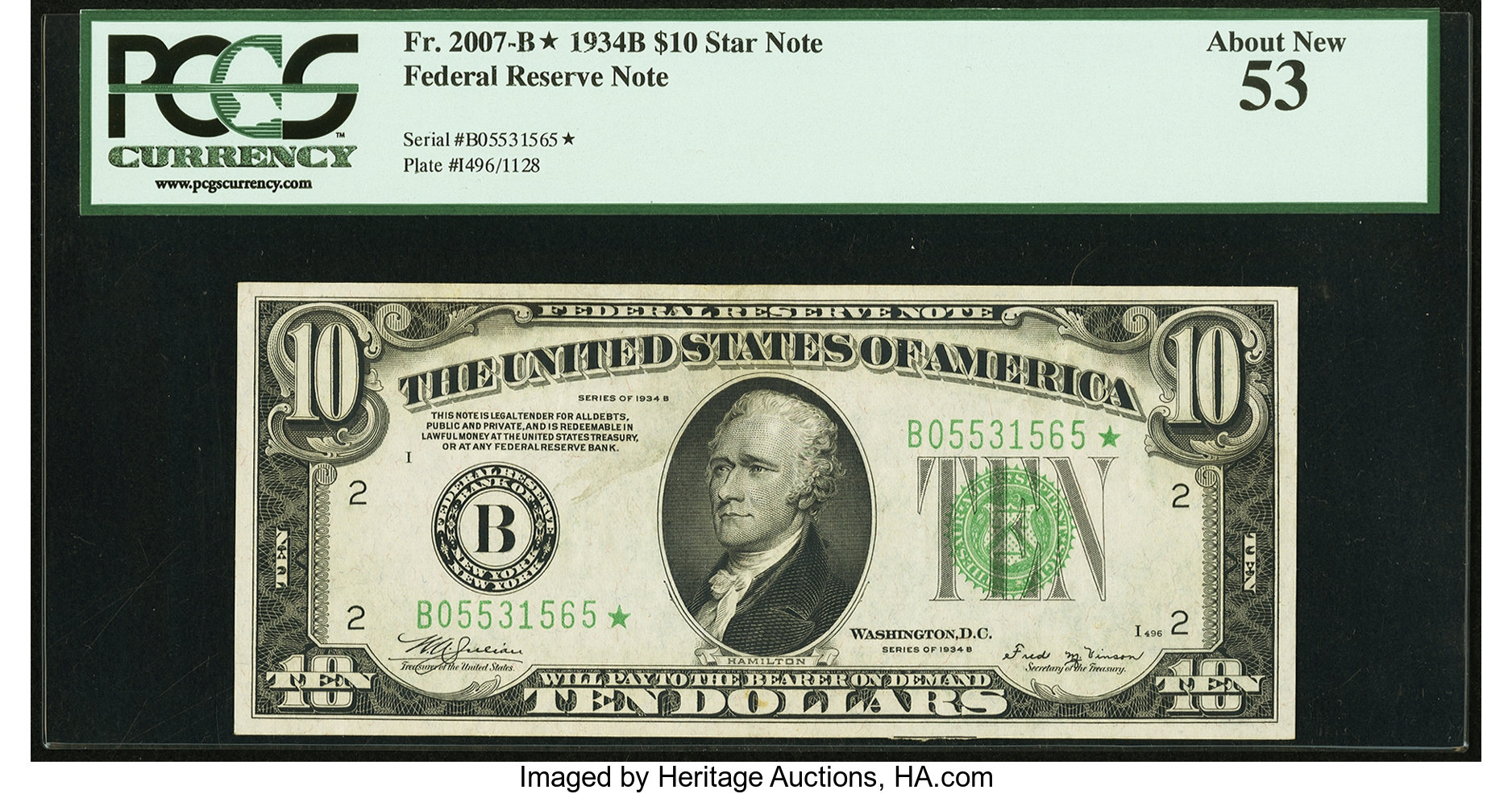 image for: Fr. 2007-B* $10 1934B Federal Reserve Star Note. PCGS About New 53....