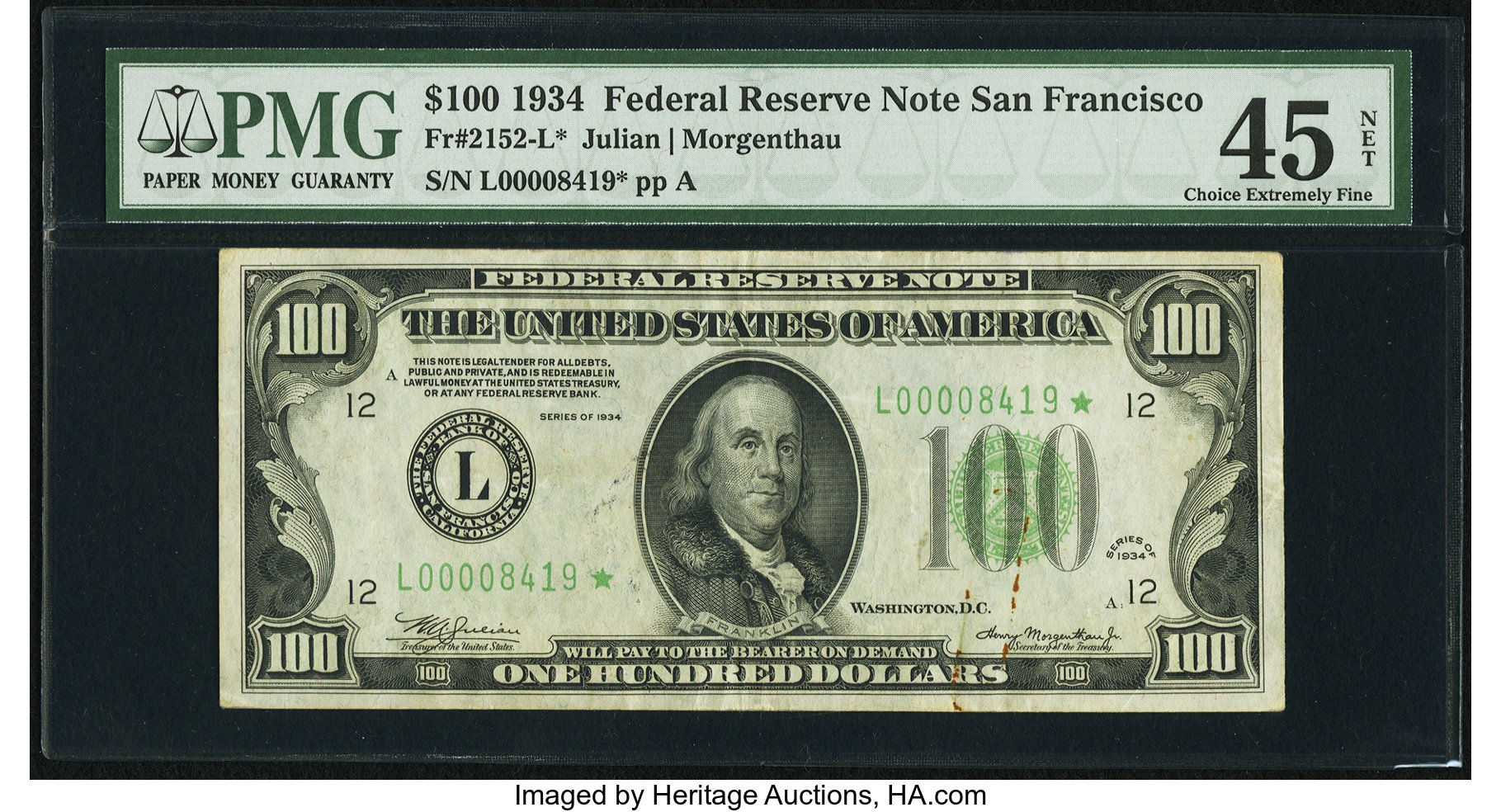 image for: Low Serial Number 8419 Fr. 2152-L* $100 1934 Federal Reserve Note. PMG Choice Extremely Fine 45 Net....