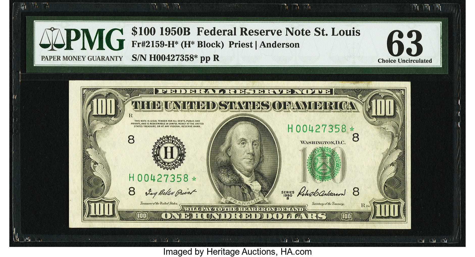 image for: Fr. 2159-H* $100 1950B Federal Reserve Note. PMG Choice Uncirculated 63....