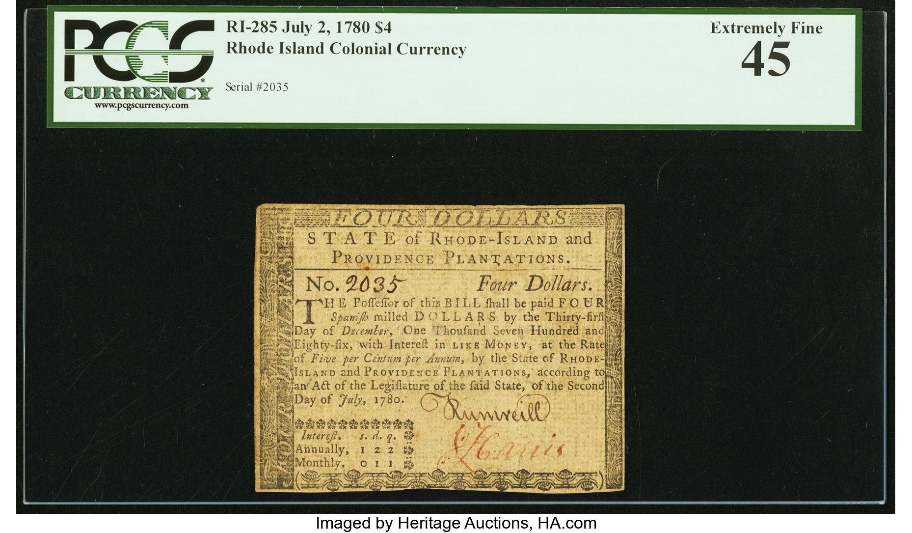 image for: Rhode Island July 2, 1780 $4 PCGS Extremely Fine 45....