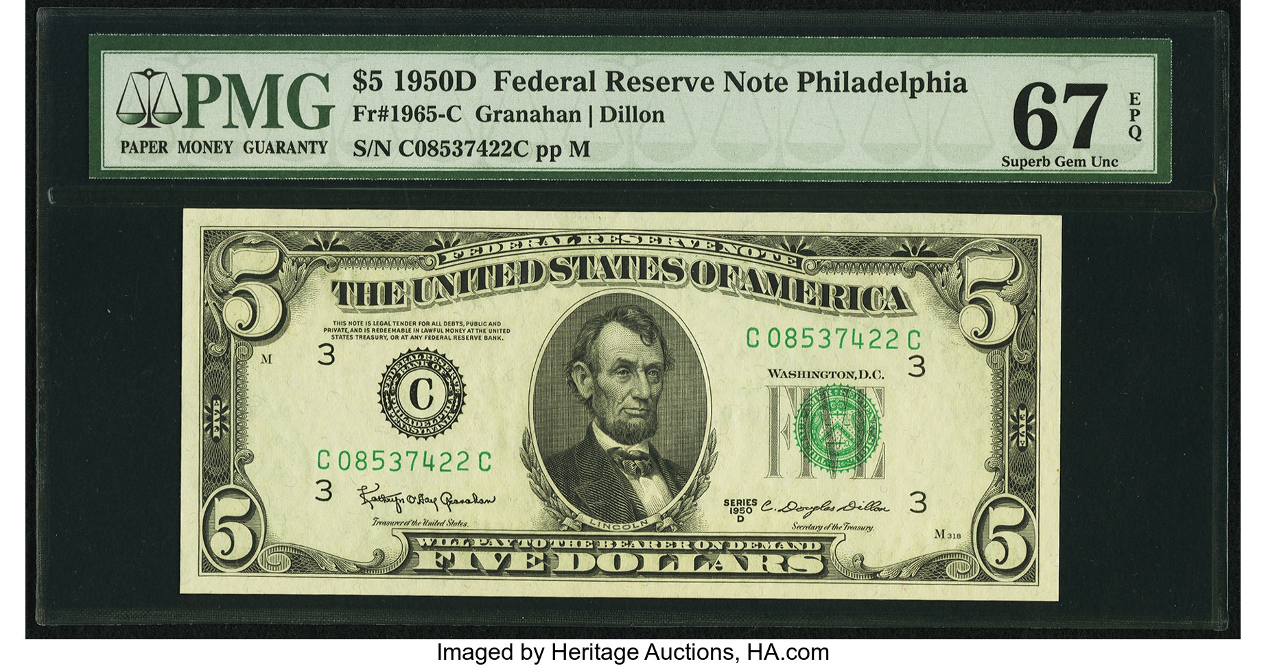 image for: Fr. 1965-C $5 1950D Federal Reserve Note. PMG Superb Gem Unc 67 EPQ, Great Embossing....