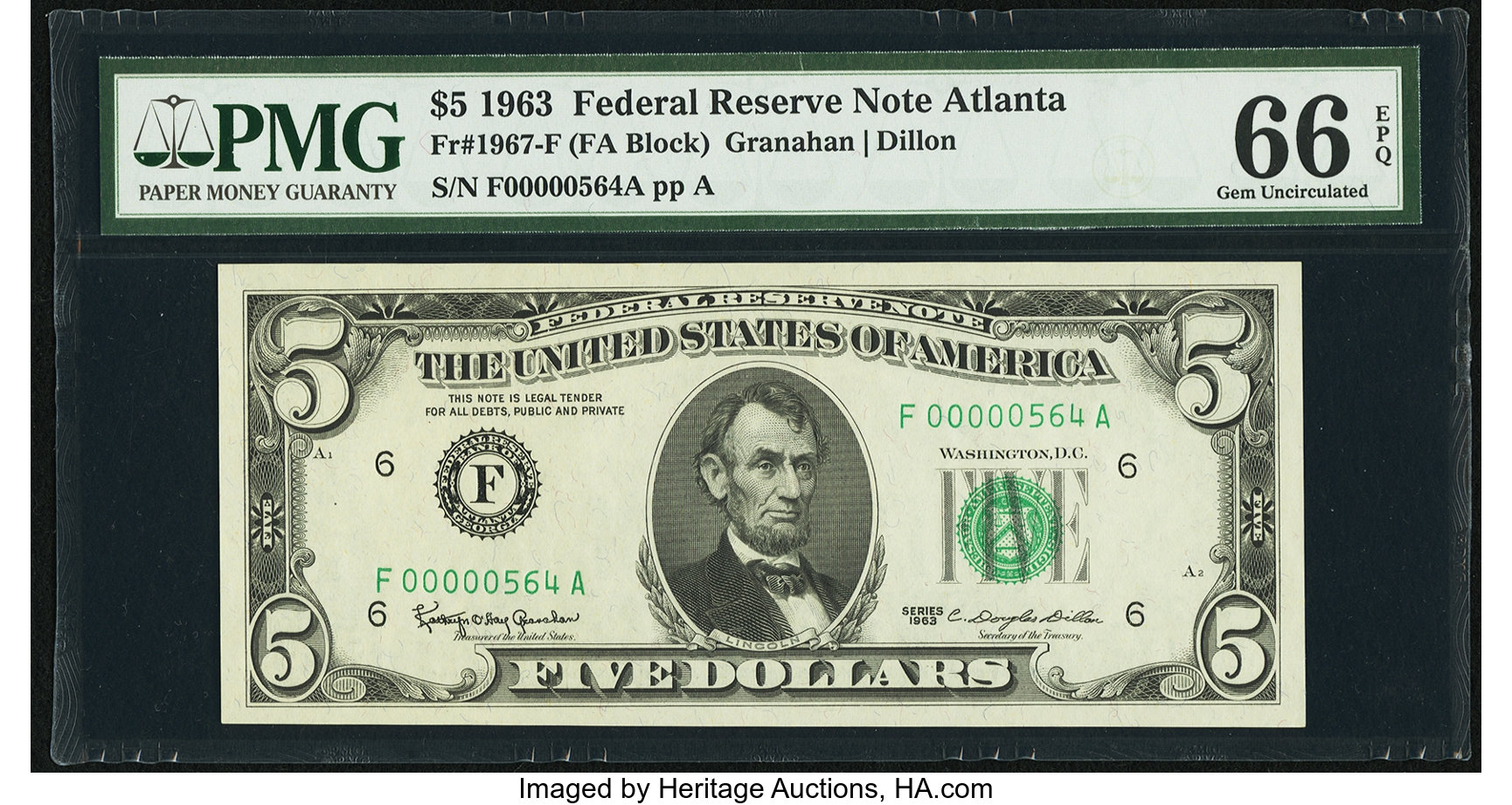 image for: Low Serial Number 564 Fr. 1967-F $5 1963 Federal Reserve Note. PMG Gem Uncirculated 66 EPQ....