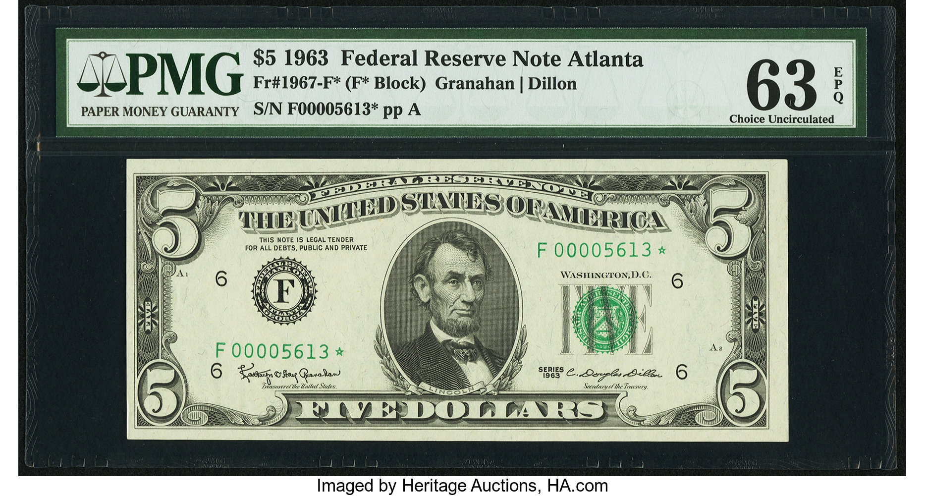 image for: Low Serial Number Fr. 1967-F* $5 1963 Federal Reserve Note. PMG Choice Uncirculated 63 EPQ....