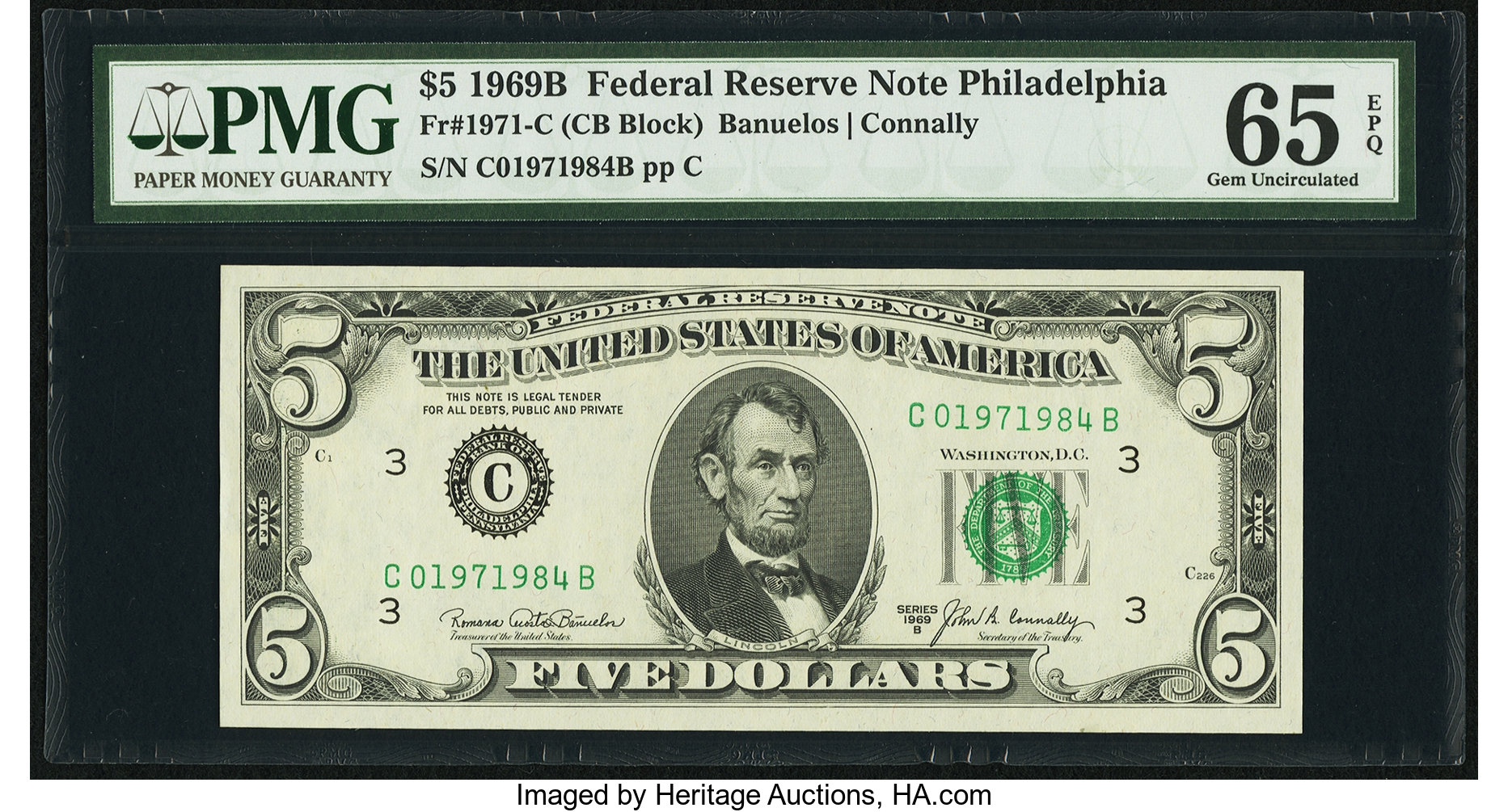 image for: Fr. 1971-C $5 1969B Federal Reserve Note. PMG Gem Uncirculated 65 EPQ....