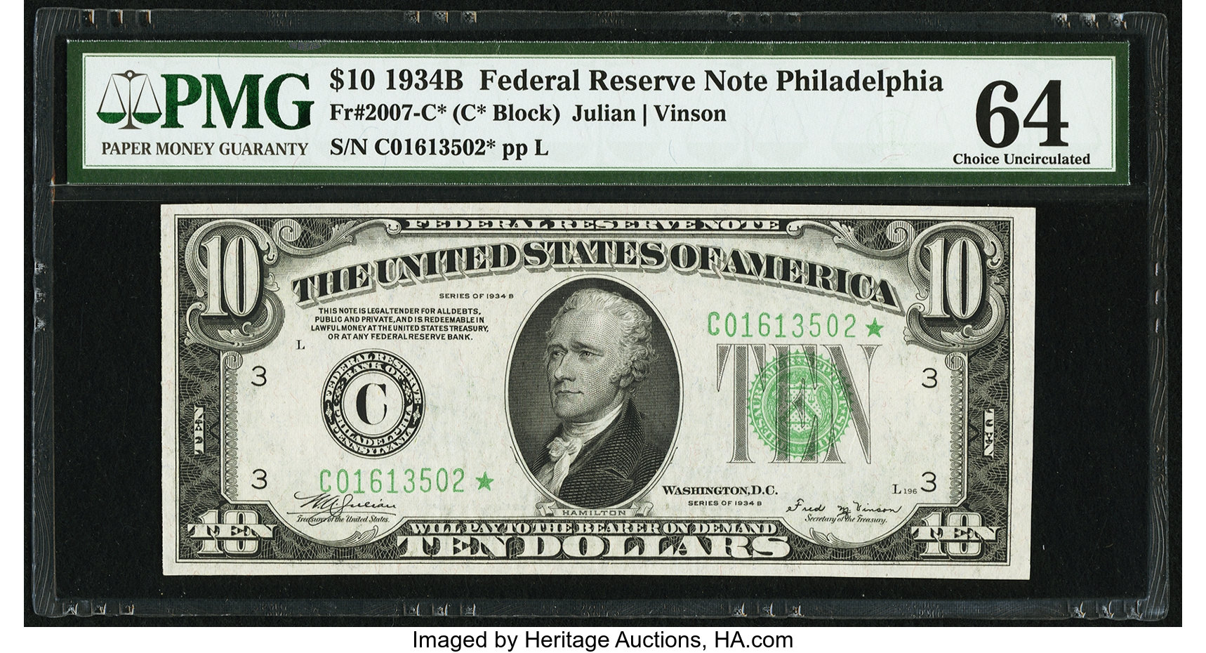 image for: Fr. 2007-C* $10 1934B Federal Reserve Note. PMG Choice Uncirculated 64....