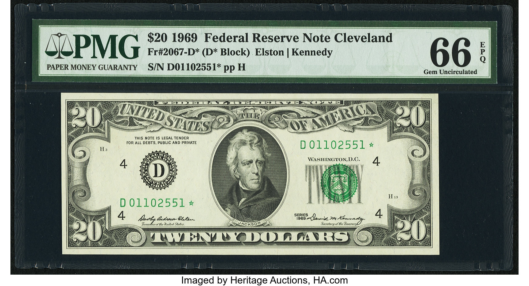 image for: Fr. 2067-D* $20 1969 Federal Reserve Note. PMG Gem Uncirculated 66 EPQ....