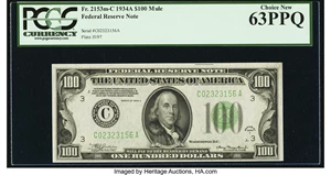 image for: Fr. 2153-C $100 1934A Mule Federal Reserve Note. PCGS Choice New 63PPQ....