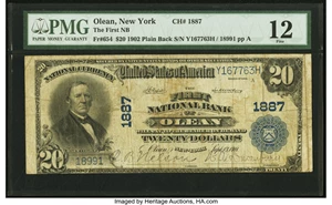 image for: Olean, NY - $20 1902 Plain Back Fr. 654 The First National Bank Ch. # 1887 PMG Fine 12....