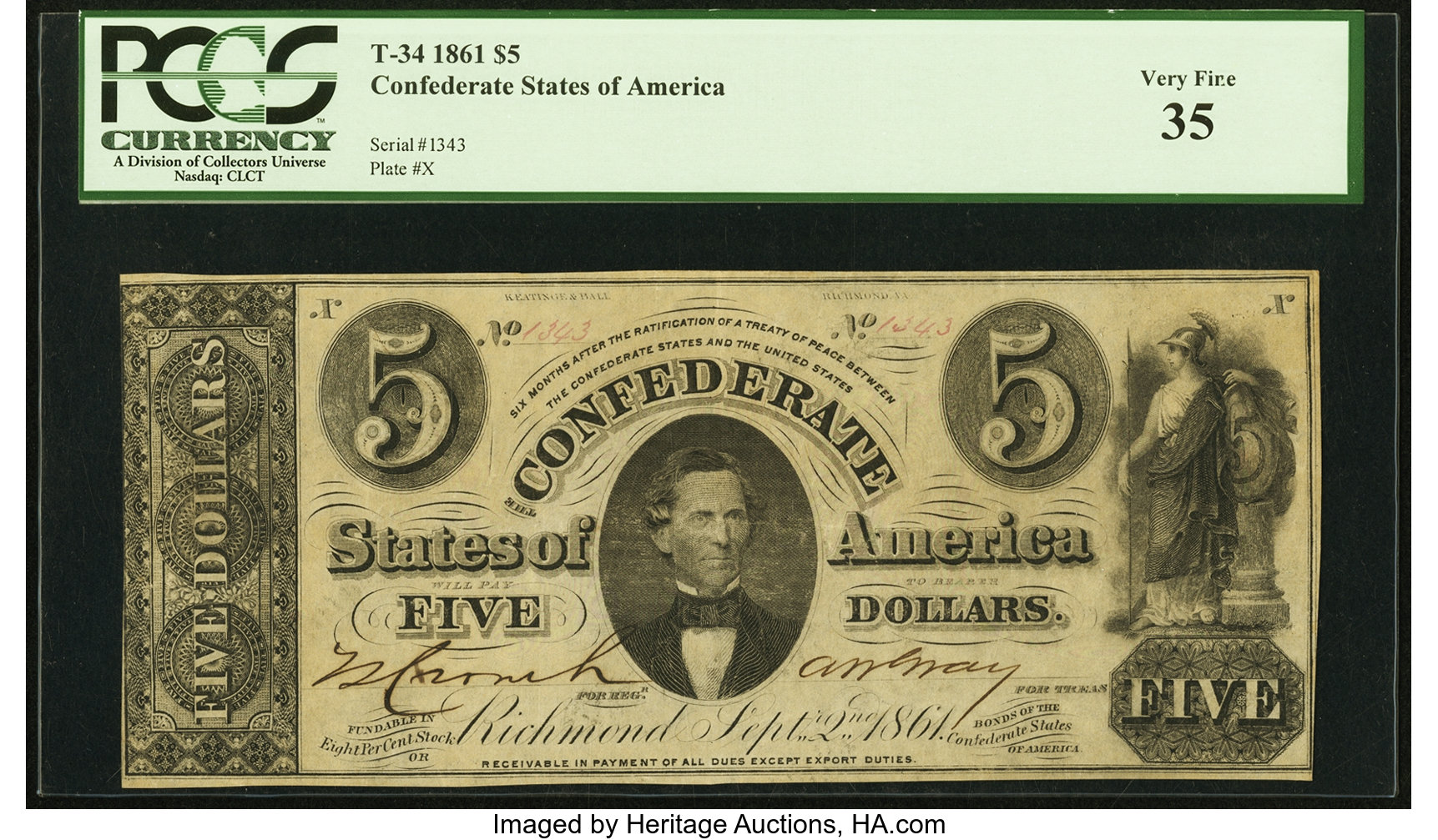 image for: T34 $5 1861 PF-1 Cr. 262 PCGS Very Fine 35....