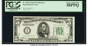 image for: Fr. 1959-I $5 1934C Wide Federal Reserve Note. PCGS Choice About New 58PPQ....