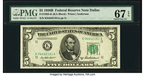 image for: Fr. 1963-K $5 1950B Federal Reserve Note. PMG Superb Gem Unc 67 EPQ....