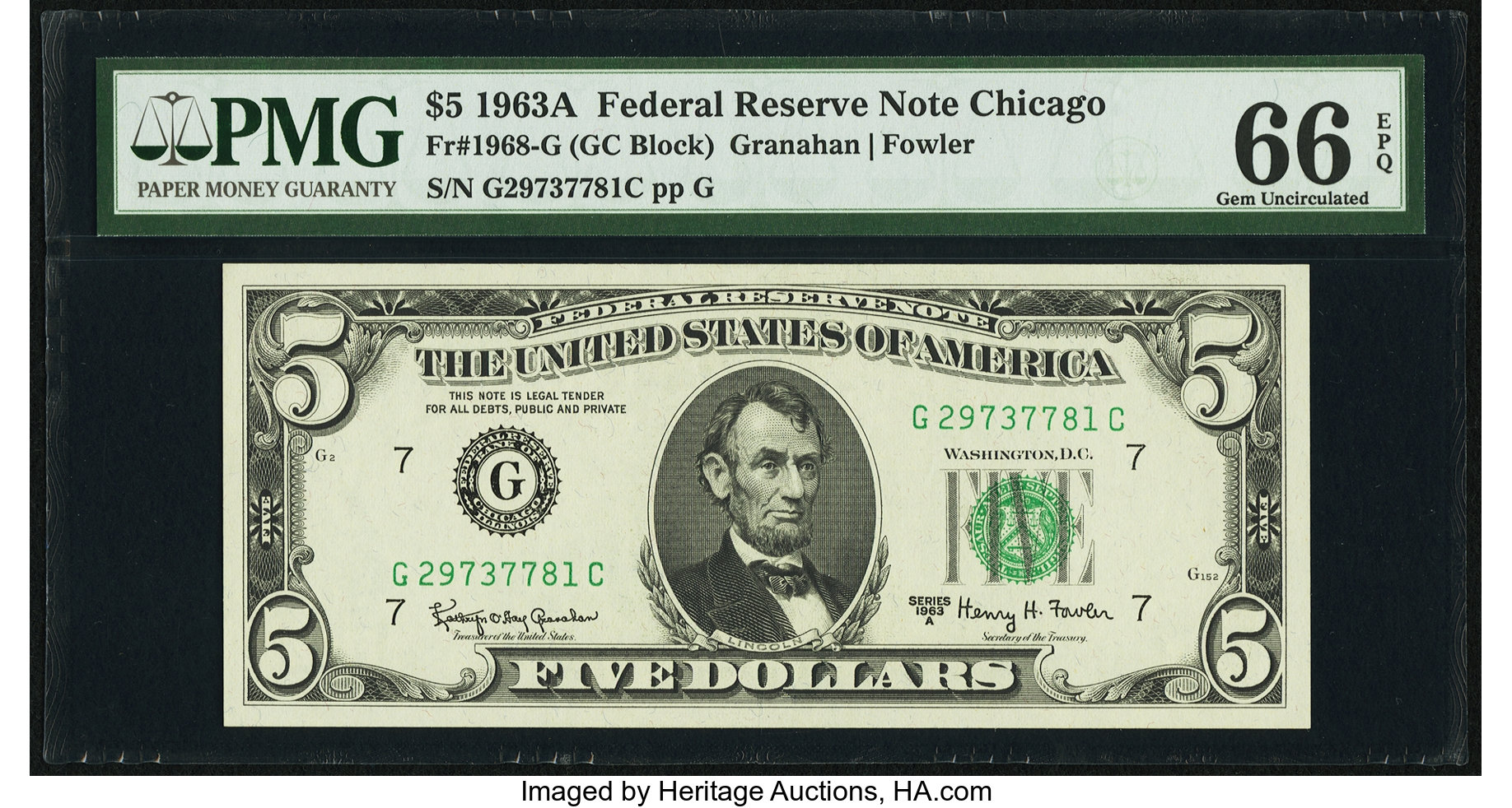 image for: Fr. 1968-G $5 1963A Federal Reserve Note. PMG Gem Uncirculated 66 EPQ....