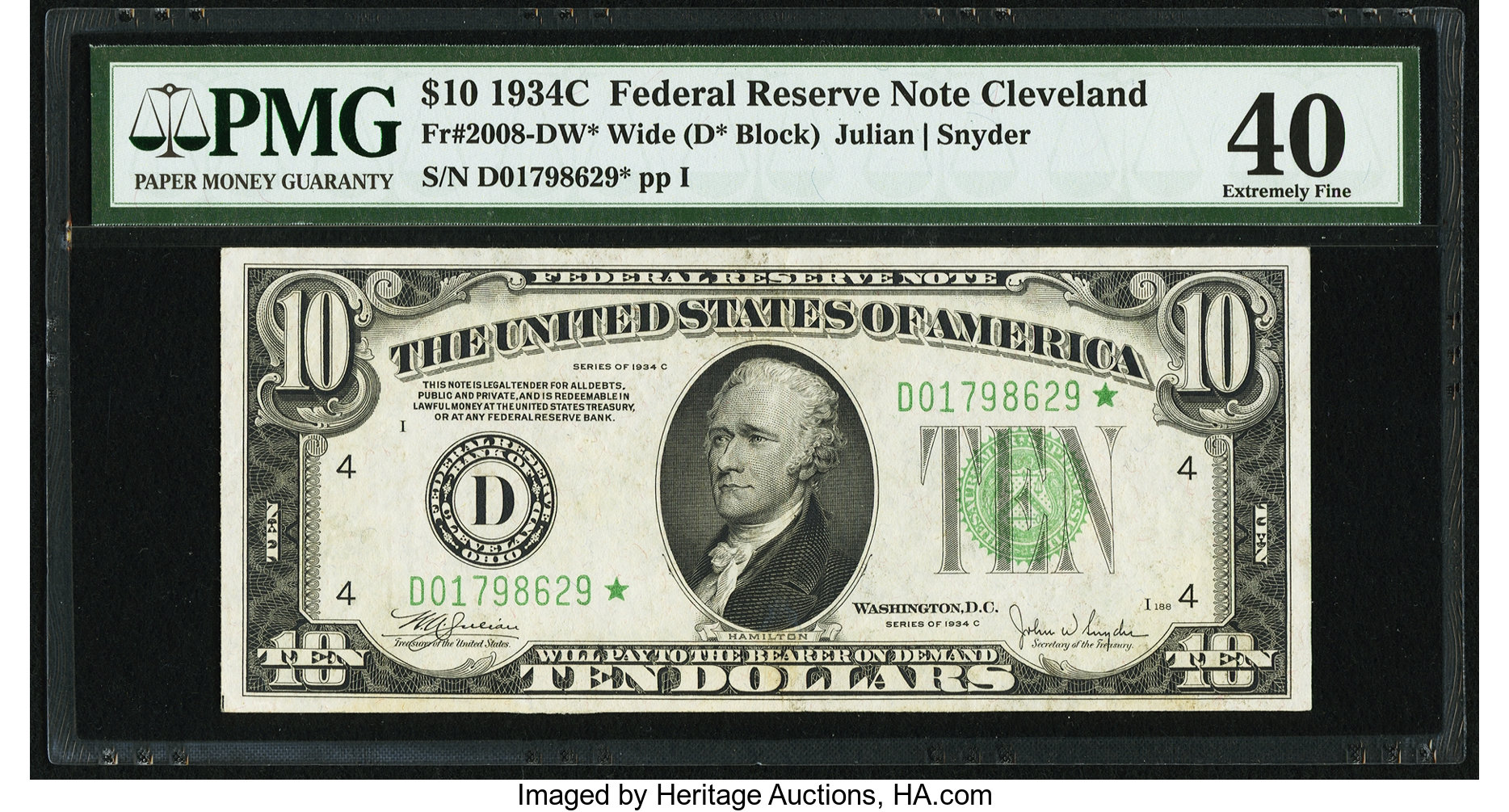 image for: Fr. 2008-D* $10 1934C Wide Federal Reserve Note. PMG Extremely Fine 40....