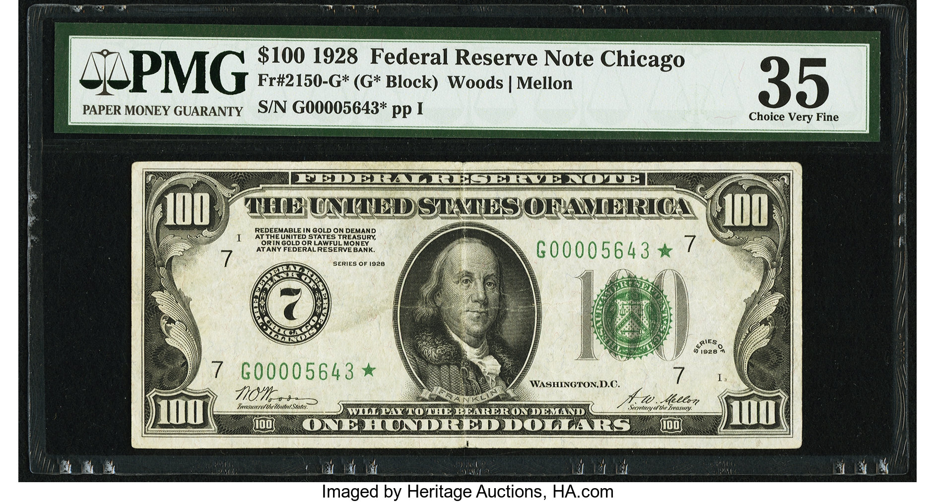 image for: Low Serial Number 5643 Fr. 2150-G* $100 1928 Federal Reserve Note. PMG Choice Very Fine 35....