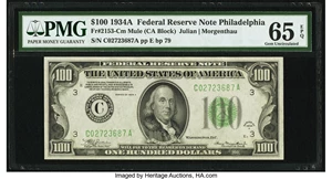 image for: Fr. 2153-C $100 1934A Mule Federal Reserve Note. PMG Gem Uncirculated 65 EPQ....