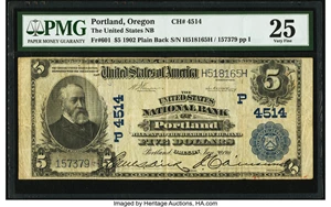 image for: Portland, OR - $5 1902 Plain Back Fr. 601 The United States National Bank Ch. # (P)4514 PMG Very Fine 25....