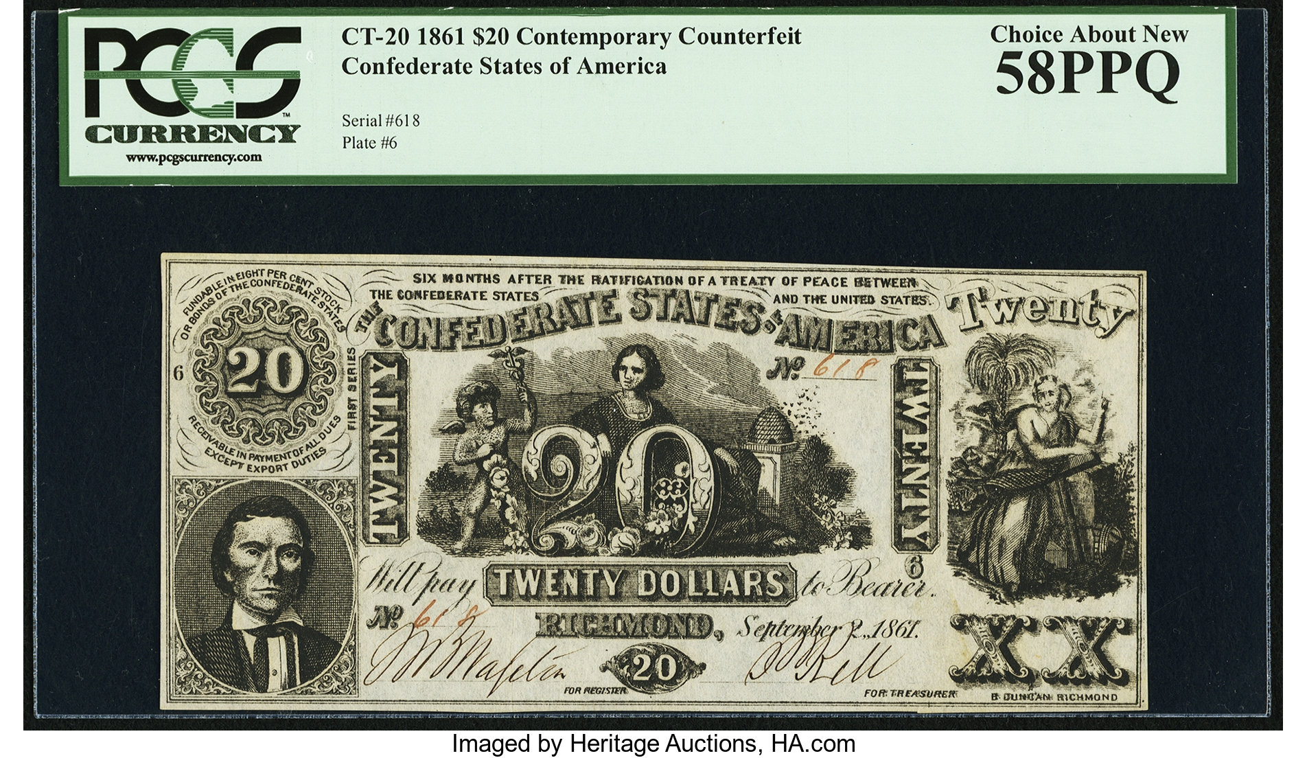 image for: CT20/141A-1 $20 1861 Counterfeit PCGS Choice About New 58PPQ....