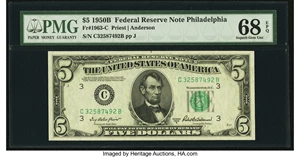 image for: Top Pop Fr. 1963-C $5 1950B Federal Reserve Note. PMG Superb Gem Unc 68 EPQ....