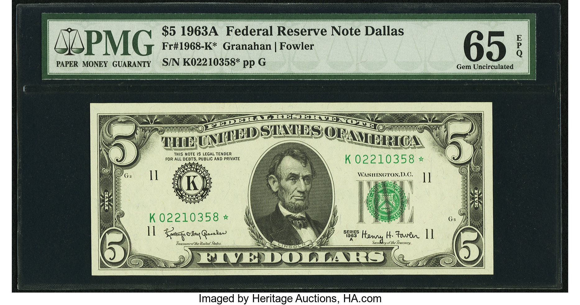 image for: Fr. 1968-K* $5 1963A Federal Reserve Note. PMG Gem Uncirculated 65 EPQ....