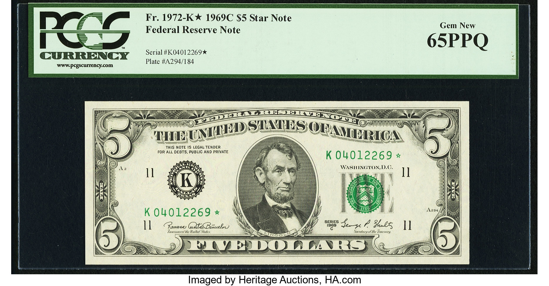 image for: Fr. 1972-K* $5 1969C Federal Reserve Note. PCGS Gem New 65PPQ....