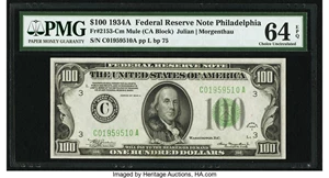 image for: Fr. 2153-C $100 1934A Mule Federal Reserve Note. PMG Choice Uncirculated 64 EPQ....