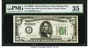 image for: Fr. 1952-J $5 1928B Dark Green Seal Federal Reserve Note. PMG Choice Very Fine 35....