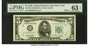 image for: Fr. 1961-B $5 1950 Wide I Federal Reserve Note. Rare B-B Block. PMG Choice Uncirculated 63 EPQ....
