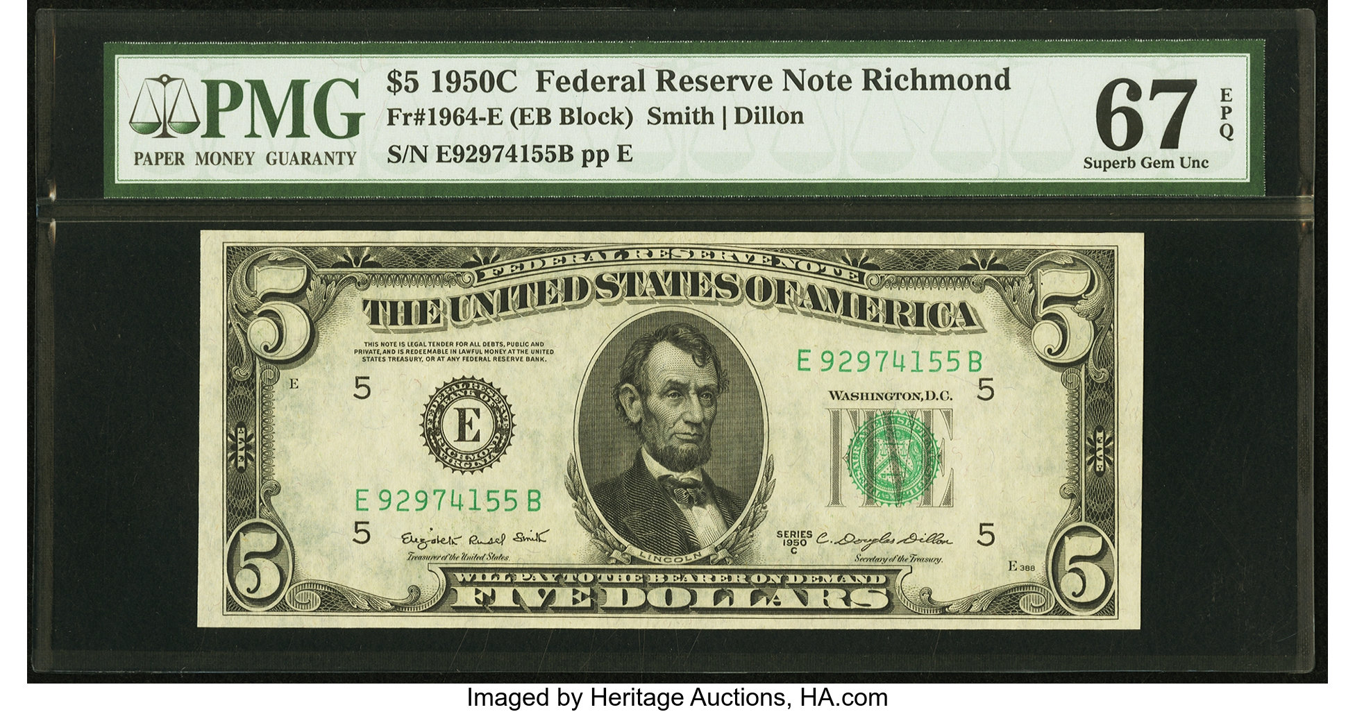 image for: Fr. 1964-E $5 1950C Federal Reserve Note. PMG Superb Gem Unc 67 EPQ....