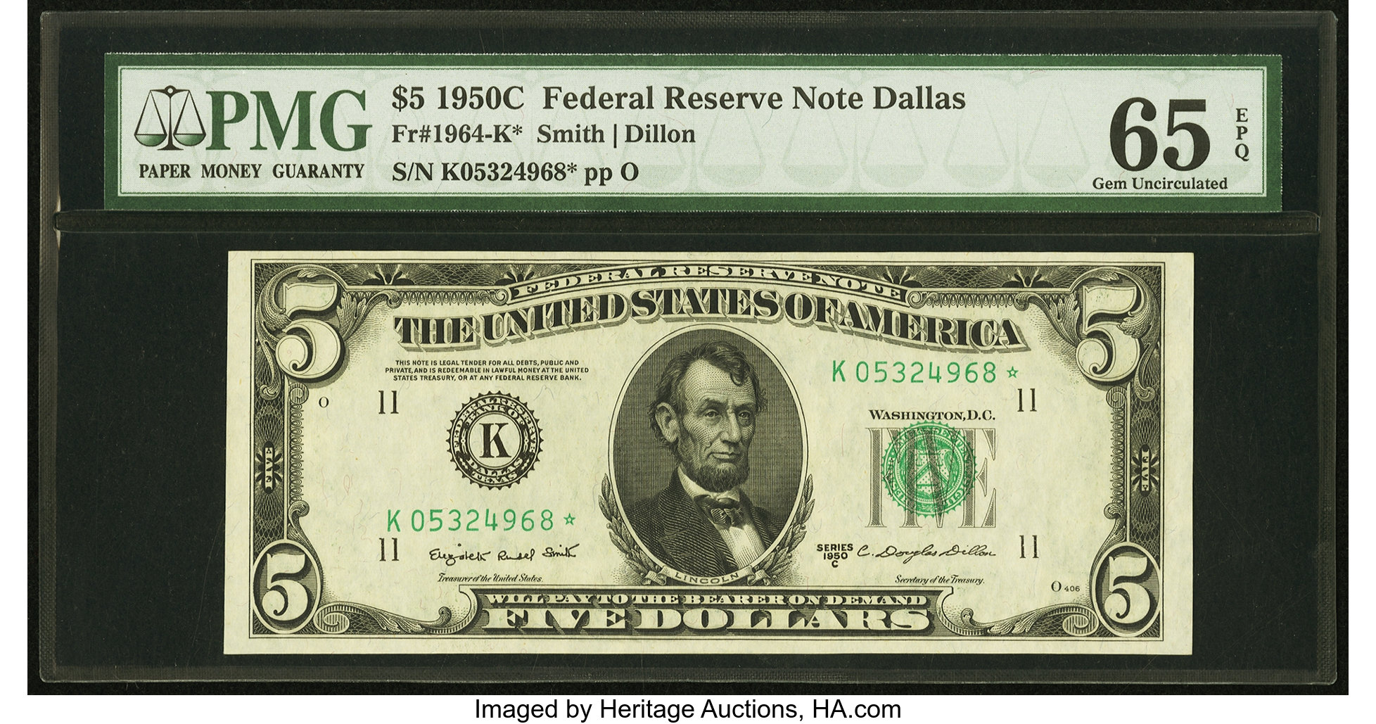 image for: Fr. 1964-K* $5 1950C Federal Reserve Note. PMG Gem Uncirculated 65 EPQ....