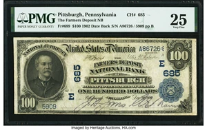 image for: Pittsburgh, PA - $100 1902 Date Back Fr. 689 The Farmers Deposit National Bank Ch. # (E)685 PMG Very Fine 25....
