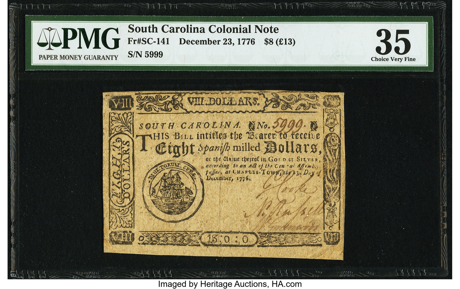 image for: Fully Signed South Carolina December 23, 1776 $8 PMG Choice Very Fine 35....