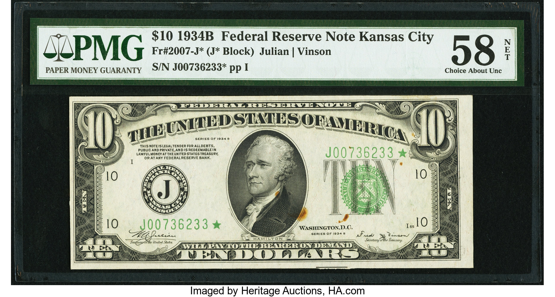 1934B $10 Dark Green Seal, Replacement, Kansas City (Fr. 2007J*)